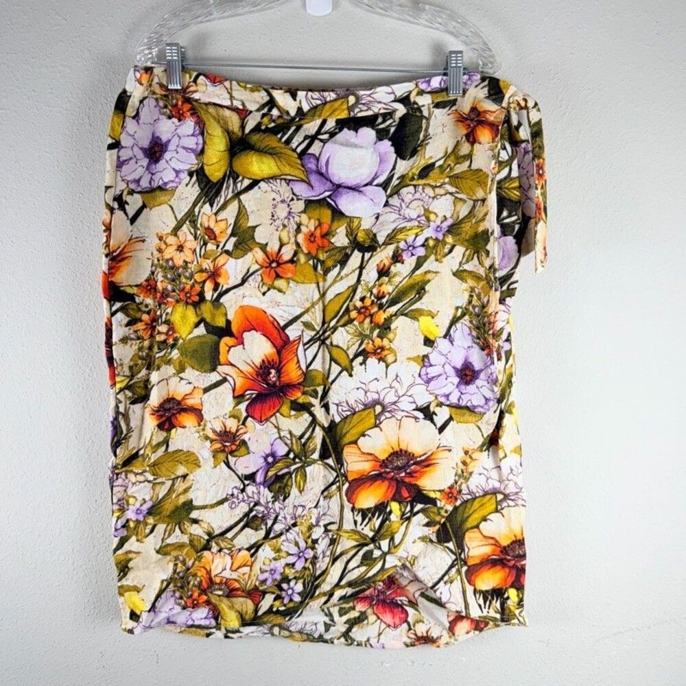 Chicos Linen Faux Wrap Skirt 12P 2P Floral Side Tie Asymmetrical Midi Botanical